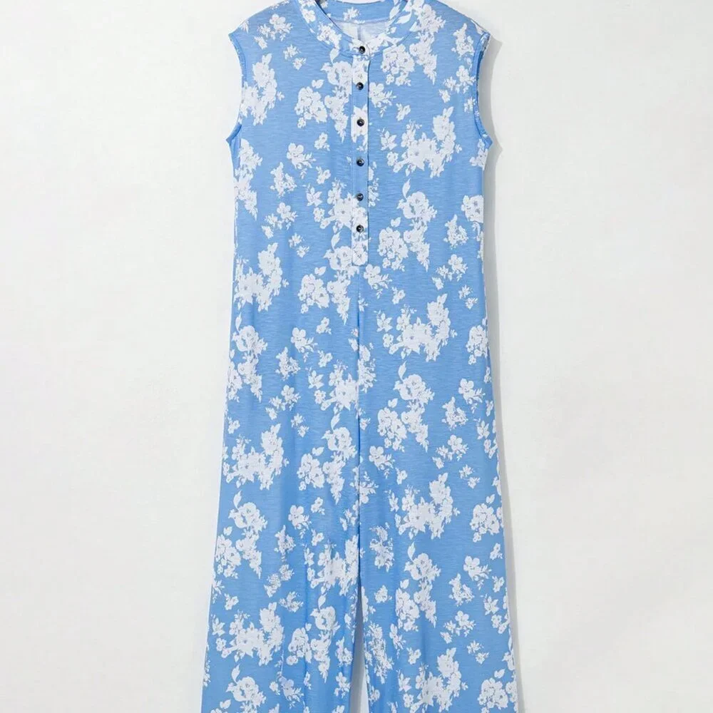Blue Boho Women's Forget-Me-Not Print Wide Leg Sleeveless Jumpsuit - Picture 3 of 8